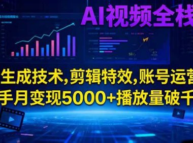 AI视频全栈课:AI生成技术,剪辑特效,账号运营,新手月变现5000+播放量破千万